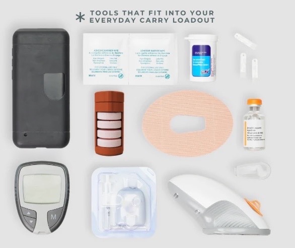 Flat lay of everyday diabetes carry: phone, adhesive patches, test strips, a Low Roller with glucose tablets, CGM overpatch, insulin vial, glucose meter, infusion set, and inserter. Labeled: tools that fit into your everyday carry loadout.